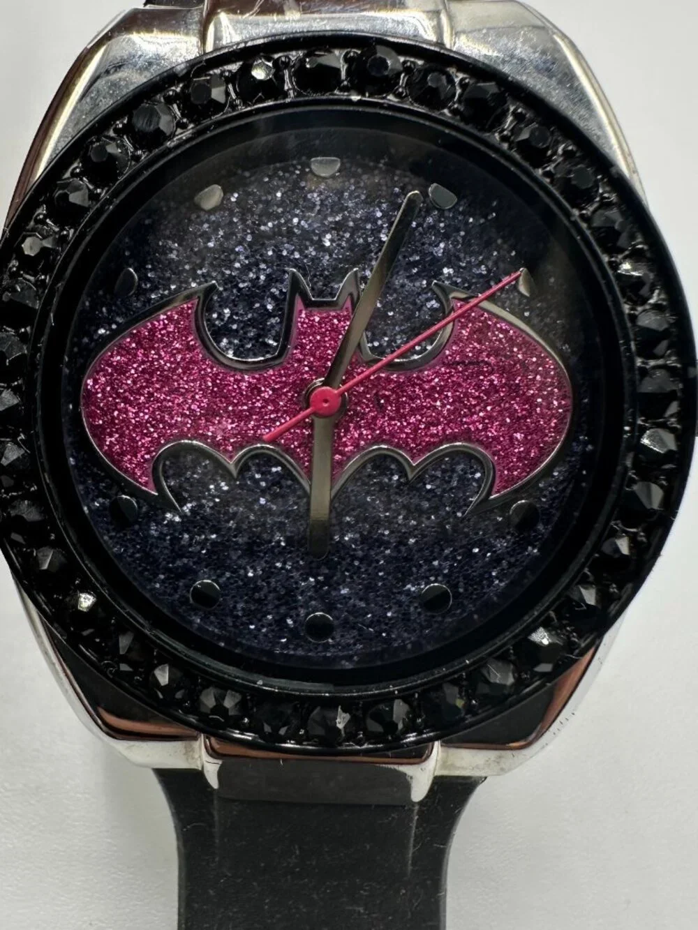 3/$30 Batgirl Pink Emblem Watch Women Silver Tone Black Rhinestone Bezel